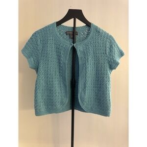 Josephine Chaus Women's Teal Crochet Cardigan Sweater Open Knit Cotton Sz L